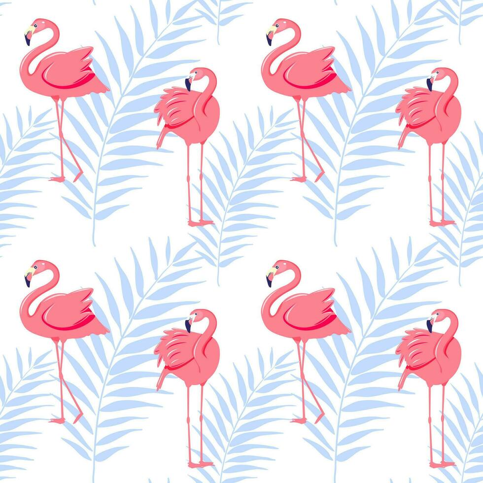 Tropical flamingo seamless pattern with palm leaves vector