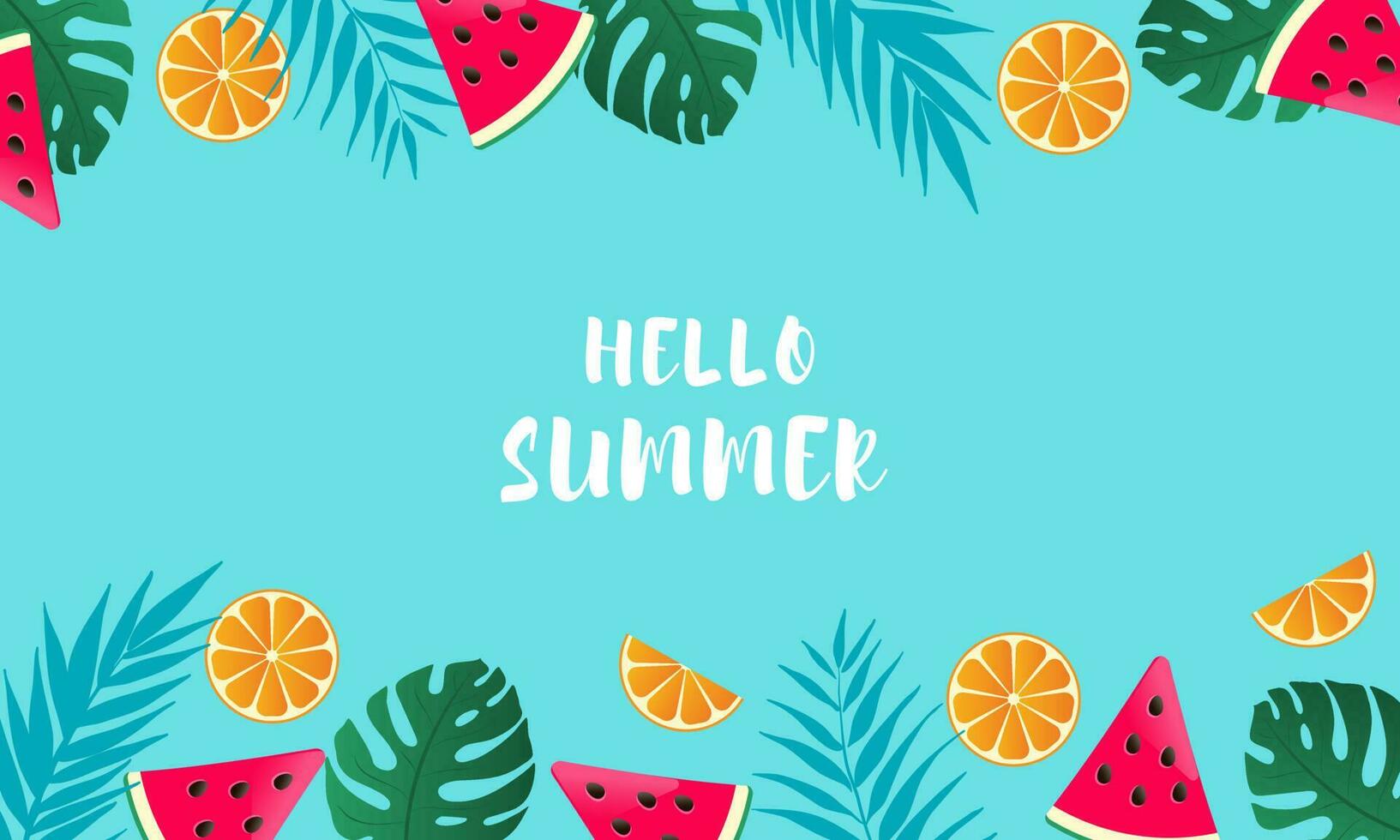 Hello summer banner with watermelon, oranges and palm leaves. vector