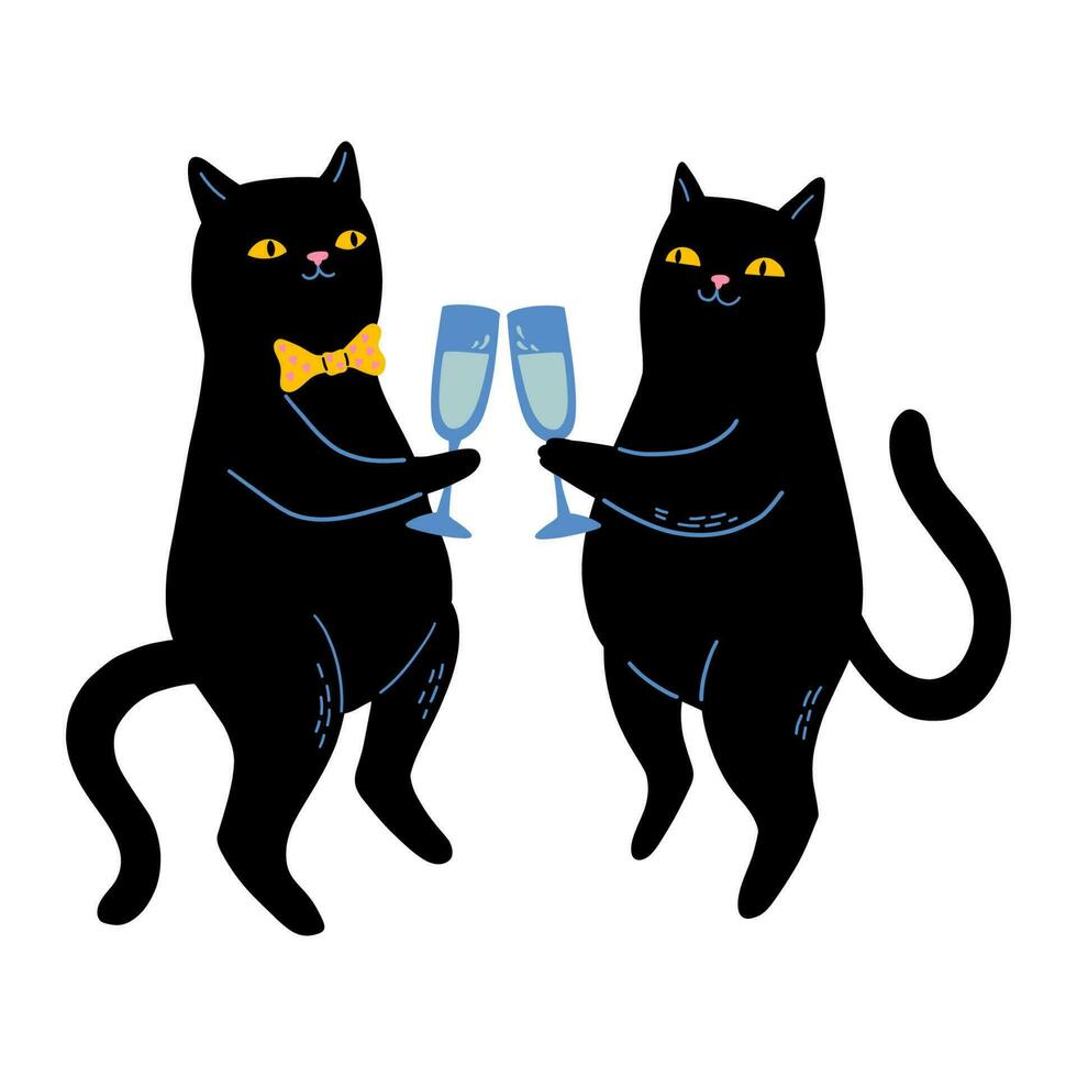 Two Cute Black Cats And Bird Stock Illustration - Download Image