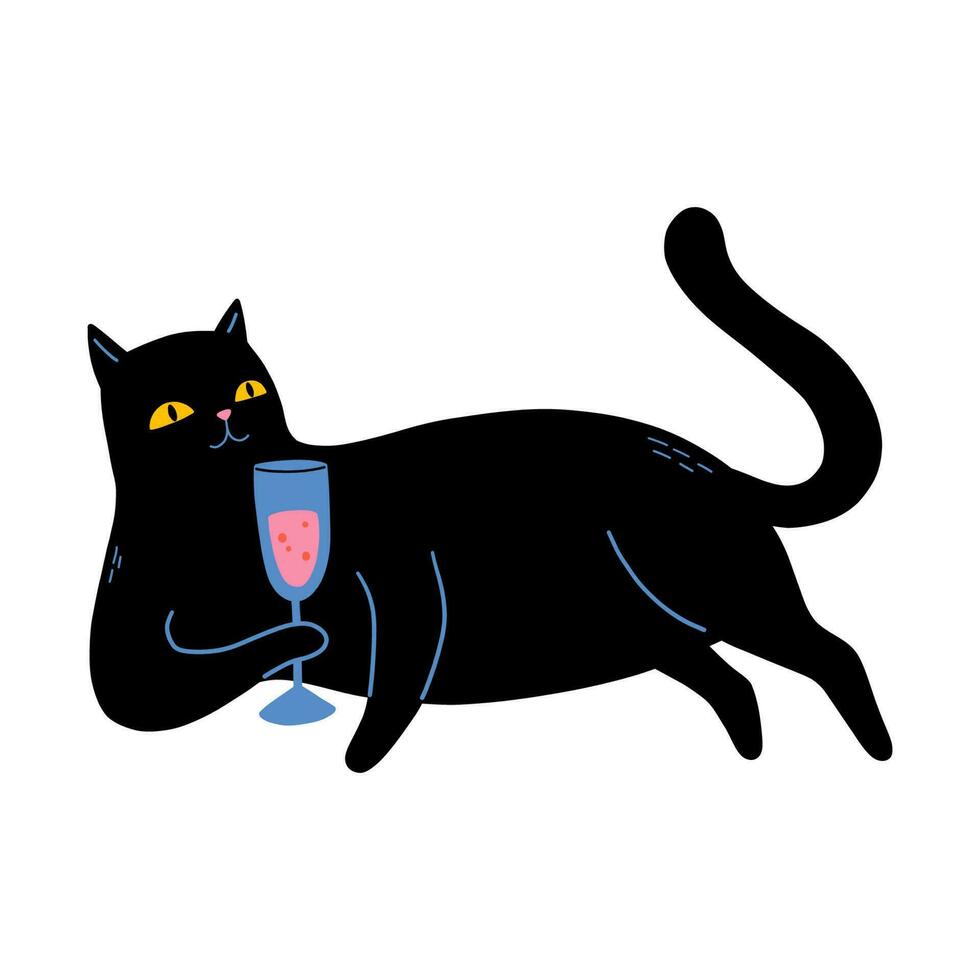 Black Cat With Glass Of Sparkling Wine vector