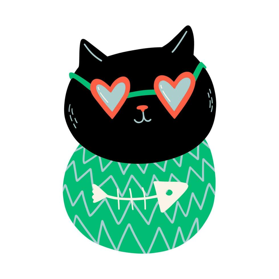 negro gato en el corazón conformado Gafas de sol vector