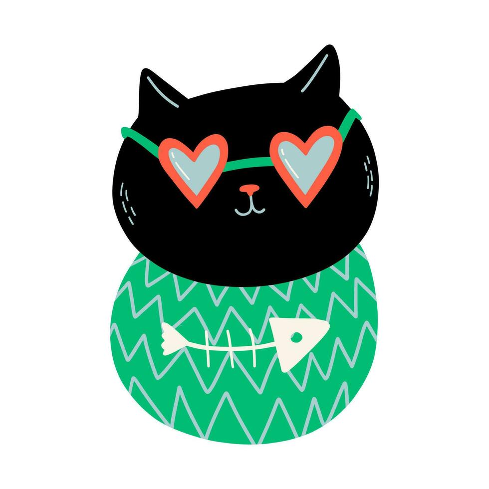 Black Cat In The Heart Shaped Sunglasses vector