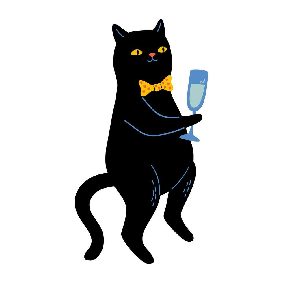 Black Cat With Glass Of Sparkling Wine vector