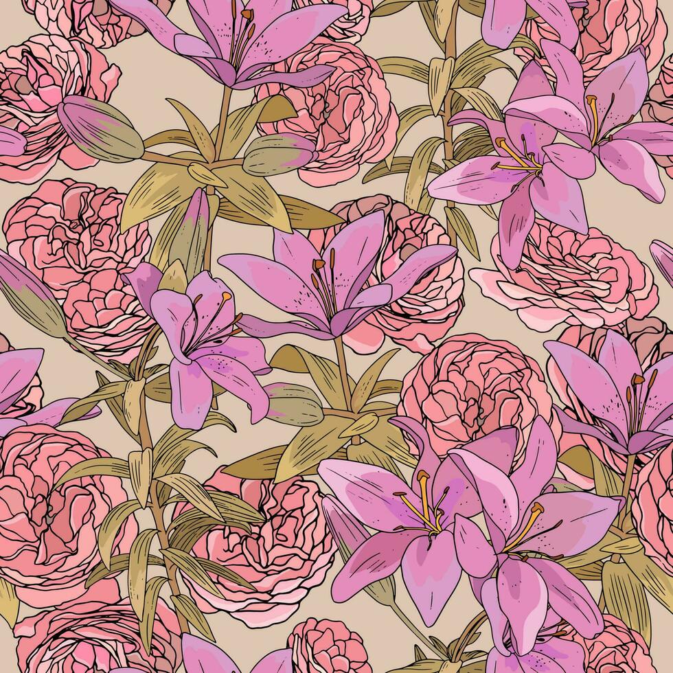 Victorian style vintage pattern with tea roses and pink lilies on beige background vector