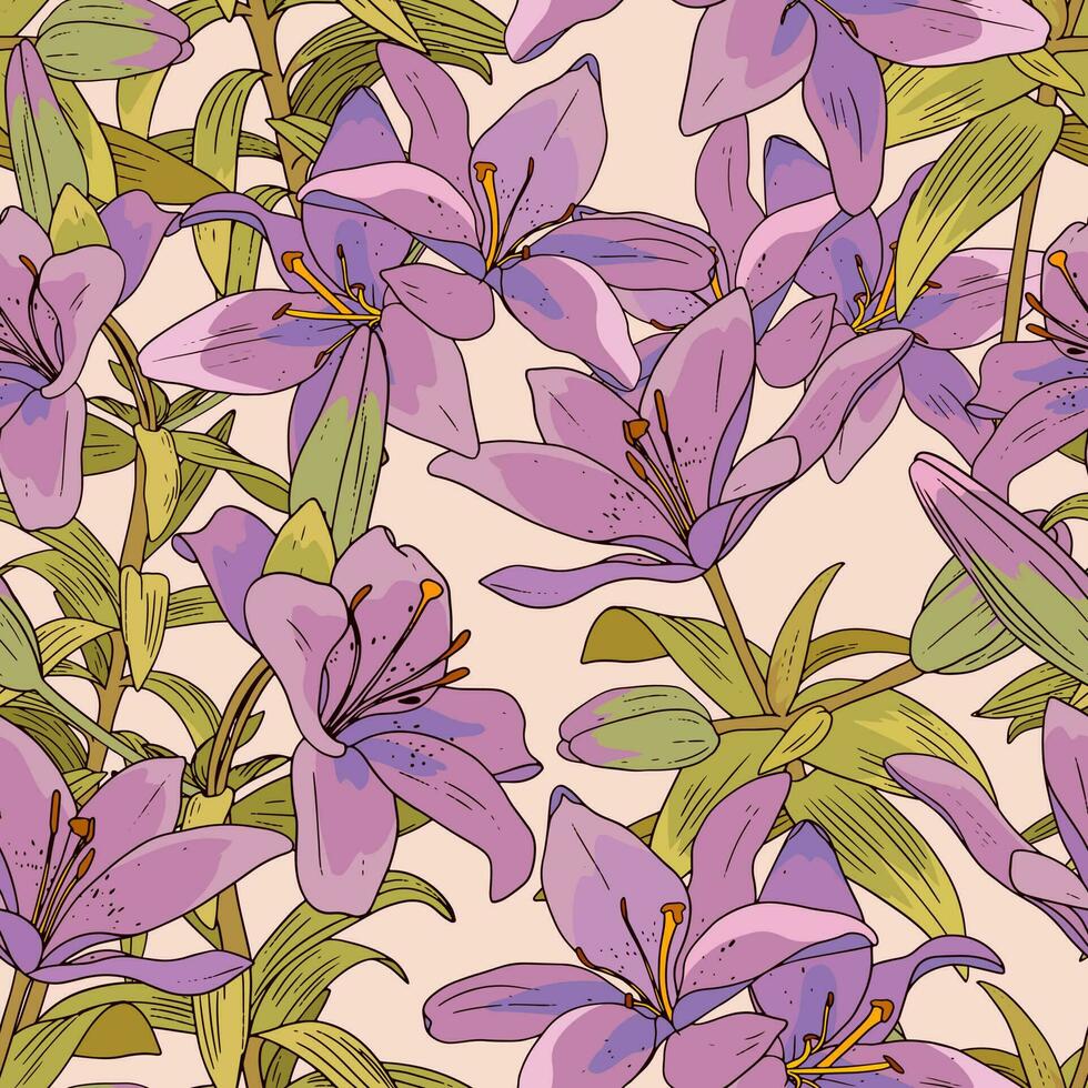 Vintage pattern with purple lily. Tropical floral print with flowers, buds and leaves. vector