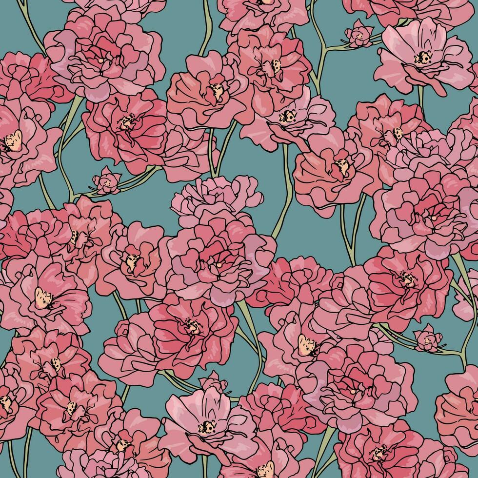 Seamless pattern with pink damask roses on turquoise background vector