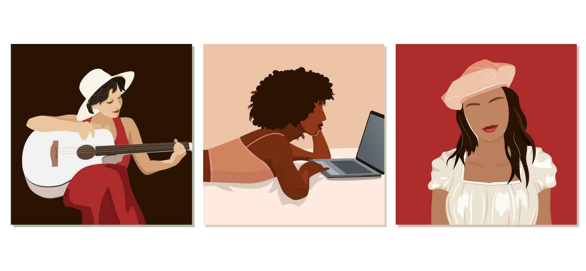 conjunto de retratos de diferente mujer. diversidad. vector plano ilustración. avatar para un social red. moderno joven femenino mujer, Moda mínimo de moda personas cara en departamento.