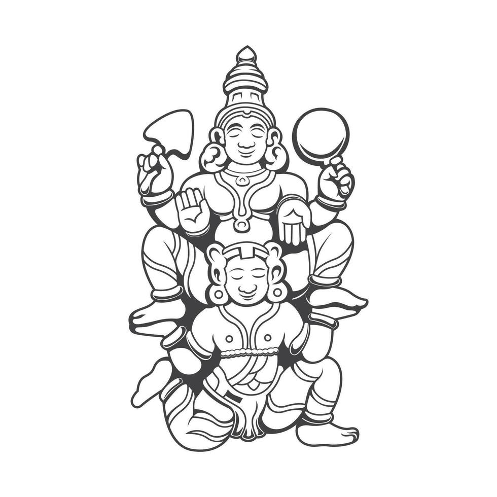 A black and white illustration of a hindu god sitting on an other god vector