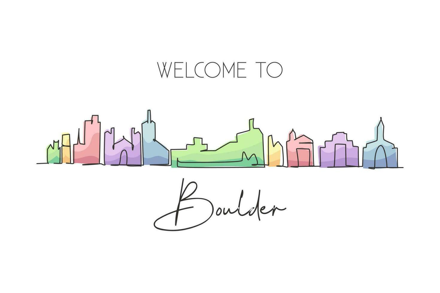 dibujo de una sola línea del horizonte de la ciudad de Boulder, Colorado. paisaje de la ciudad histórica mundial. mejor impresión de postal de destino de vacaciones. Ilustración de vector de diseño de dibujo de línea continua de moda de trazo editable