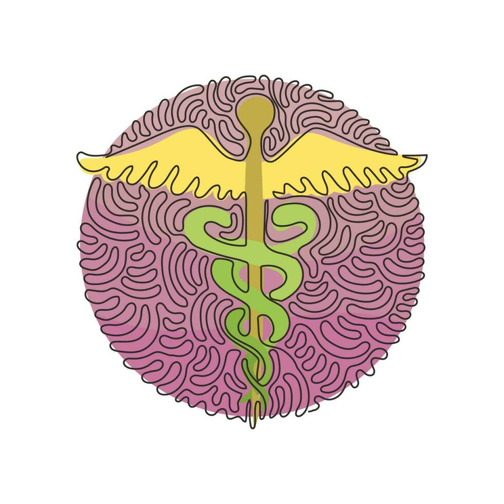 Single one line drawing Caduceus - medical center, pharmacy, hospital with popular symbol of medicine. Medical logo. Swirl curl circle background style. Continuous line draw design graphic vector