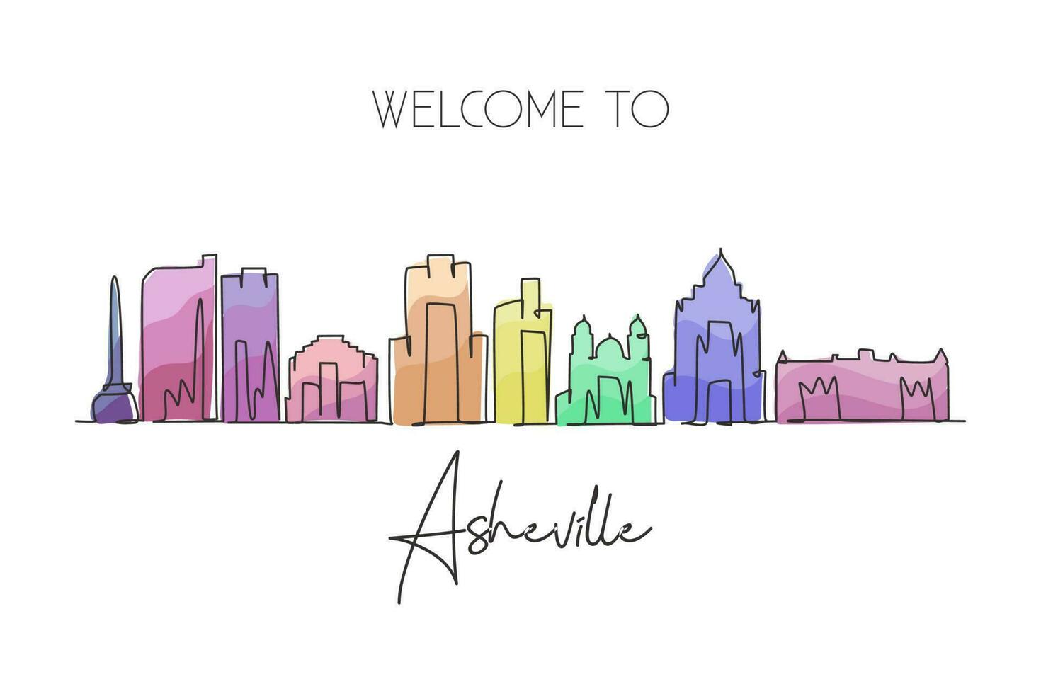 dibujo de una sola línea continua del horizonte de la ciudad de asheville, carolina del norte. famoso paisaje rascador de la ciudad. concepto de impresión de póster de arte de decoración de pared de hogar de viaje mundial. ilustración vectorial de dibujo de una línea moderna vector