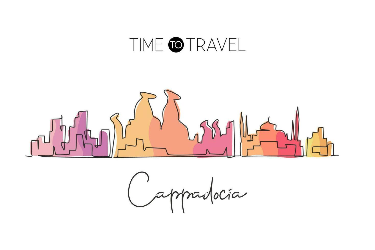 Continuous one line drawing Cappadocia city skyline, Turkey. Beautiful landmark artwork. World landscape tourism travel wall decor poster print art. Stylish single line draw design vector illustration