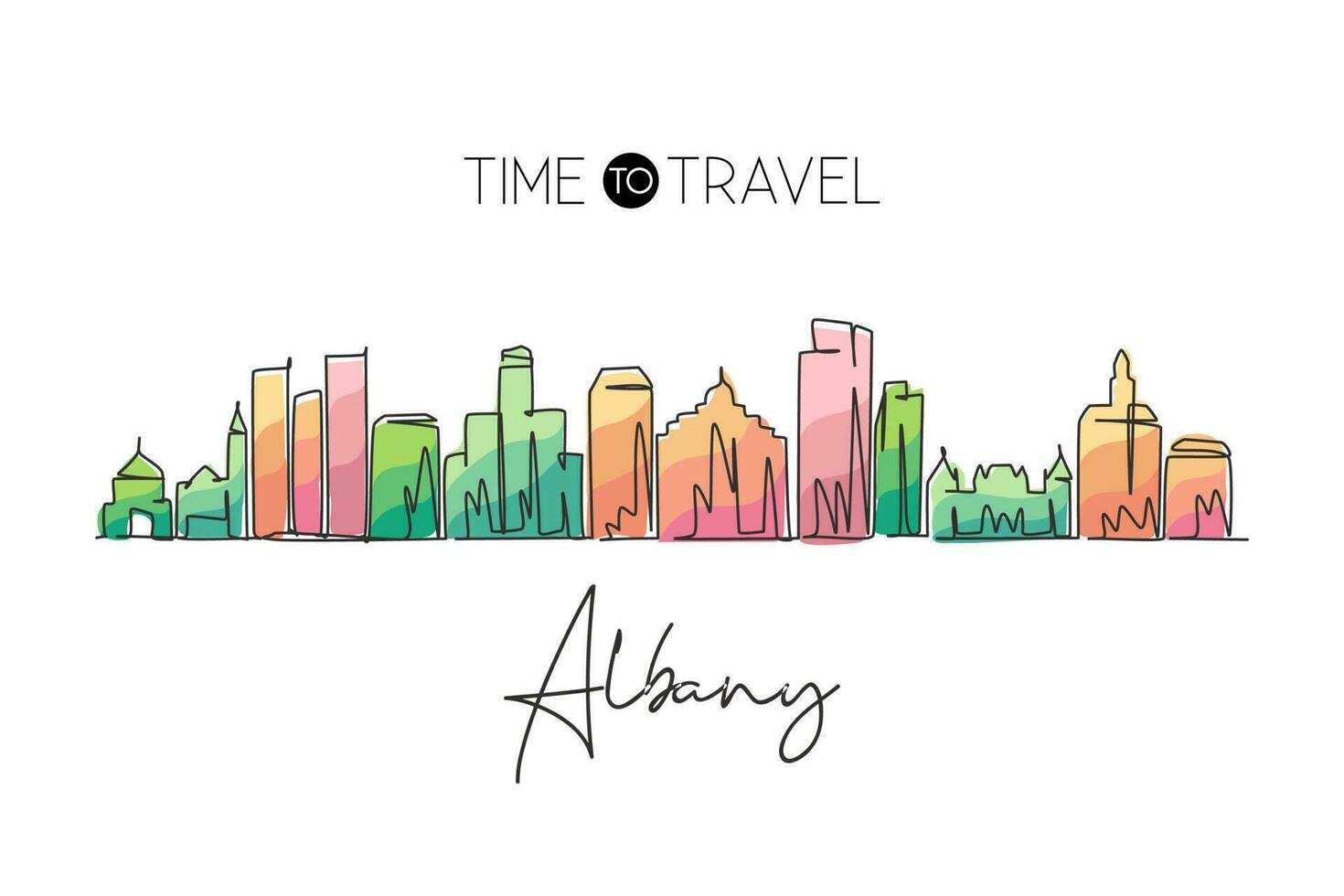 Continuous one line drawing Albany city skyline, Illinois. Beautiful landmark. World landscape tourism travel wall decor poster print art. Stylish single line draw design vector illustration