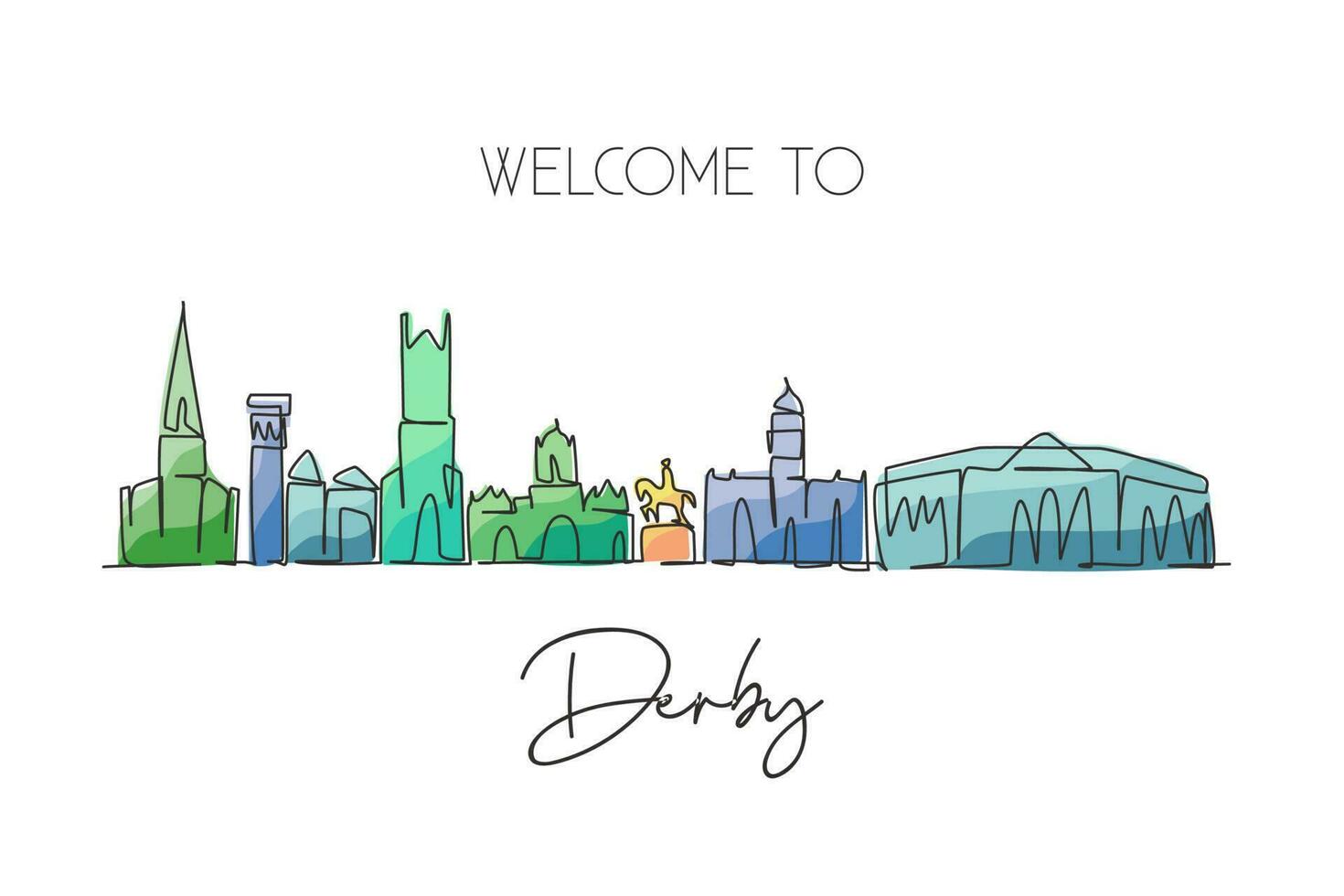 Single one line drawing Derby city skyline, United Kingdom. World historical town landscape. Best holiday destination postcard. Editable stroke trendy continuous line draw design vector illustration