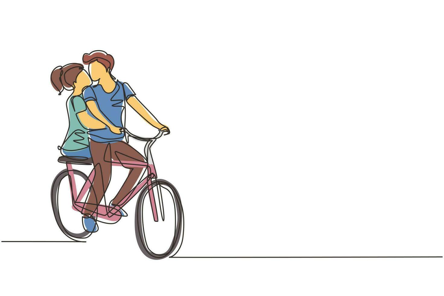 dibujo continuo de una línea joven pareja amorosa en bicicleta. relaciones humanas románticas, historia de amor, familia recién casada en luna de miel, aventura, pasión, emociones. gráfico vectorial de diseño de una sola línea vector