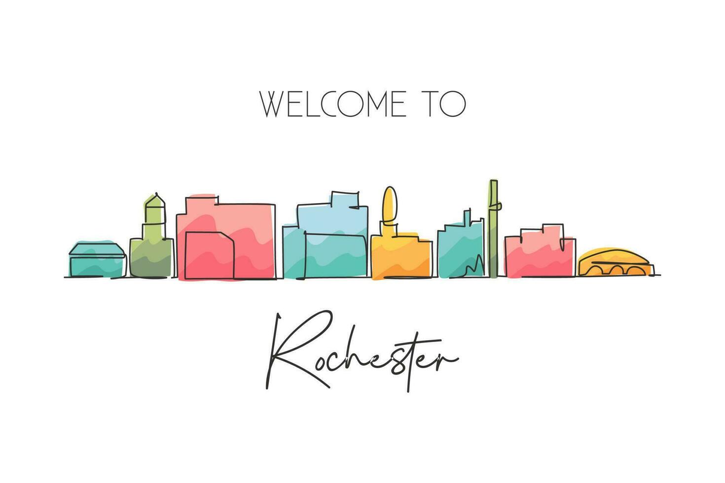 dibujo continuo de una línea del horizonte de la ciudad de Rochester, Minnesota. hermoso hito. paisaje mundial turismo viajes decoración de la pared póster impresión arte. Ilustración de vector de diseño de dibujo de línea única elegante