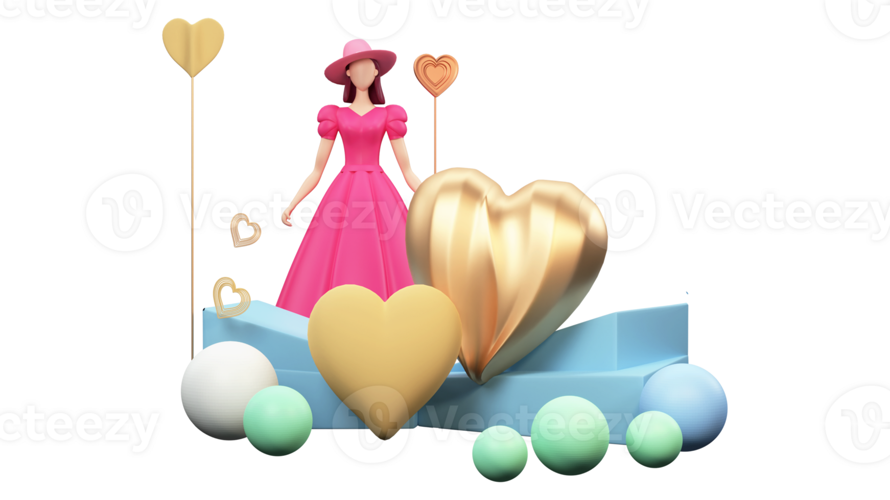 3D Render, Fashionable Young Girl Character, Golden Heart Shapes And Balls. Happy Women's Day Concept. png