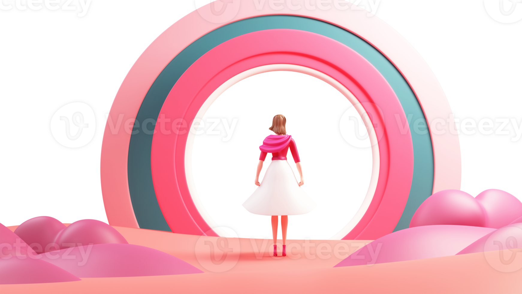 3d render traseiro Visão do moderno jovem menina personagem em pé dentro frente do circular arco ou quadro. png