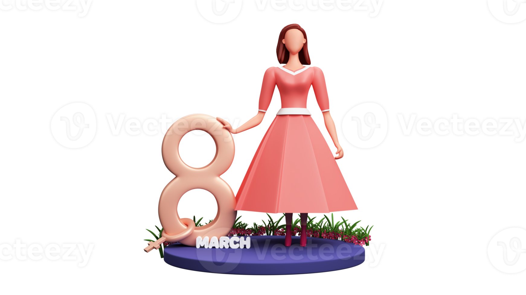 3D Render 8 March Text With Venus Symbol And Young Girl Character Standing On Stage For Happy Women's Day Concept. png