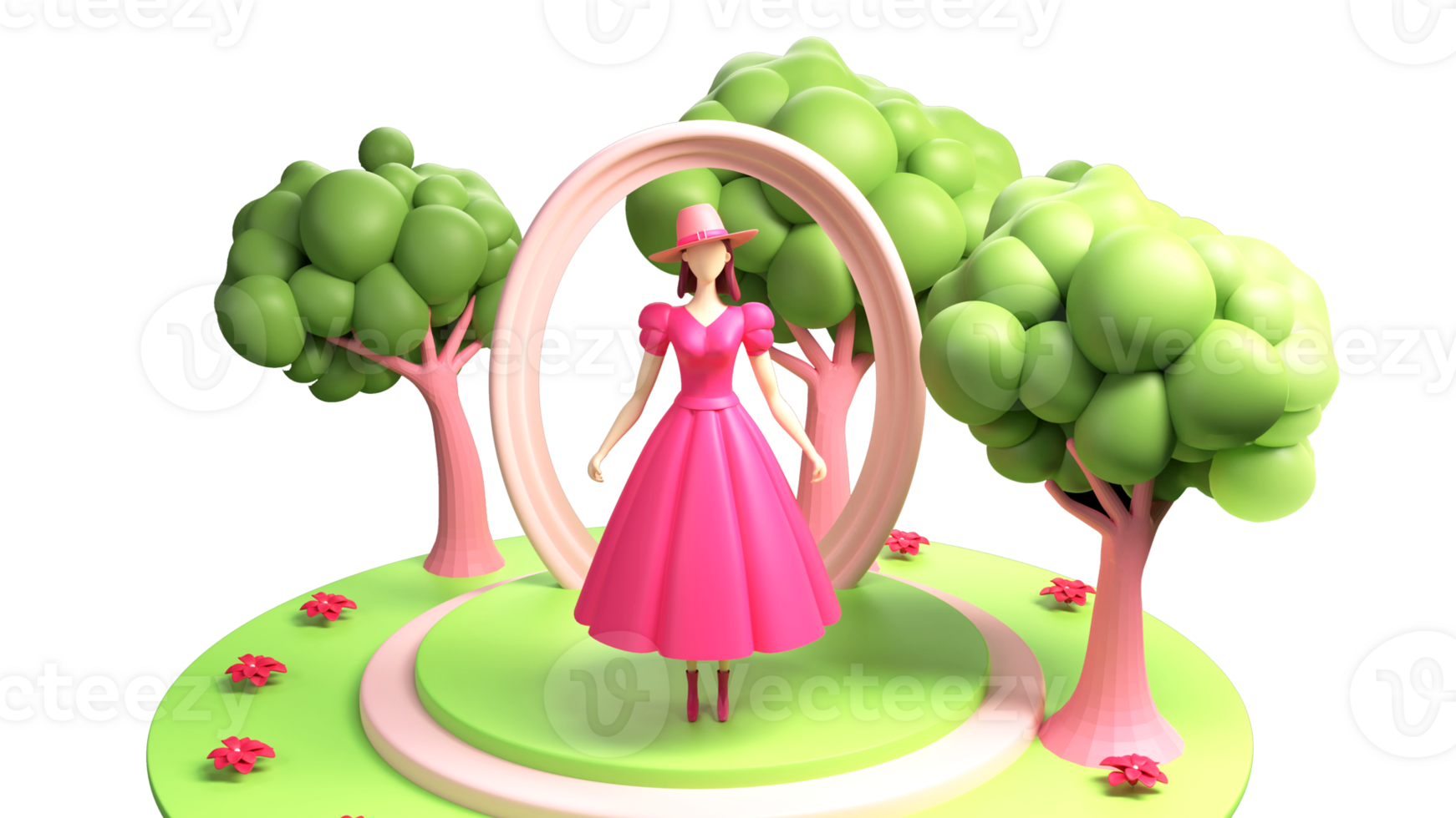 3D Render, Fashionable Young Girl Standing On Stage And Nature Background. Happy Women's Day Concept. png