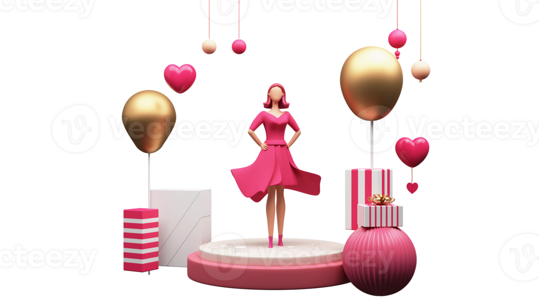 3D Render, Modern Young Girl Standing On Decorative Stage. Happy Women's Day Concept. png