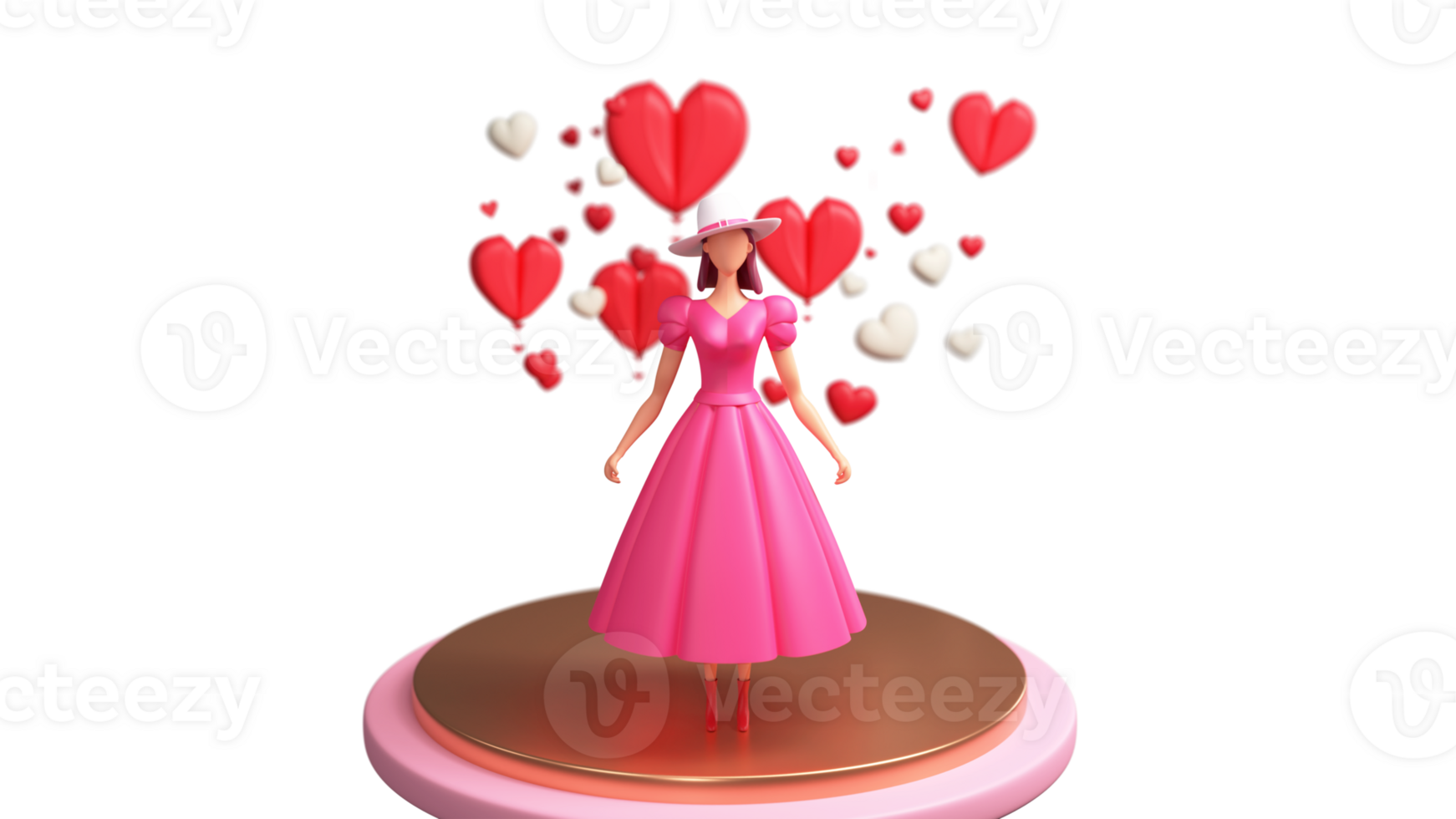 3D Render, Fashionable Young Girl Standing On Golden And Pink Podium And Heart Shapes. png
