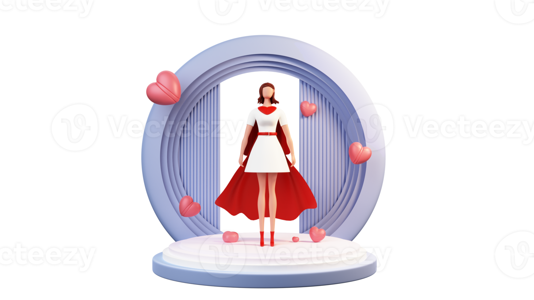 3D Render, Superwoman Character Standing On Stage And Hearts. png