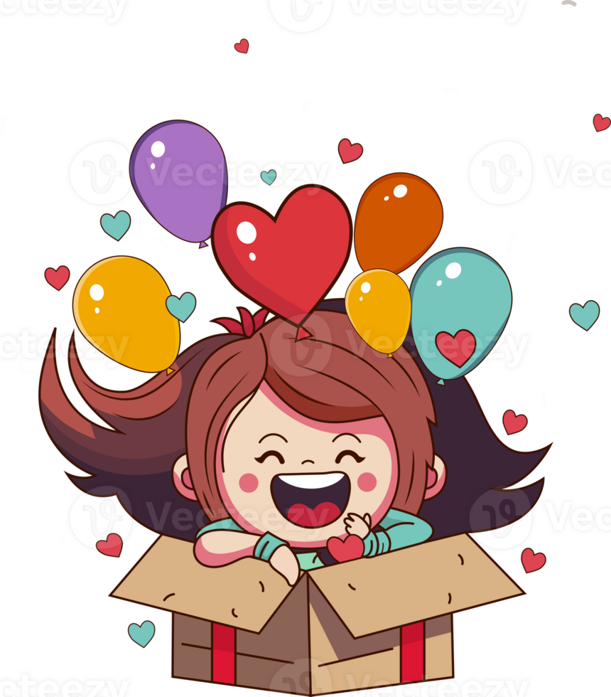Excited Cute Girl With Balloons, Hearts Coming Out From Inside Surprise Box And Copy Space. png