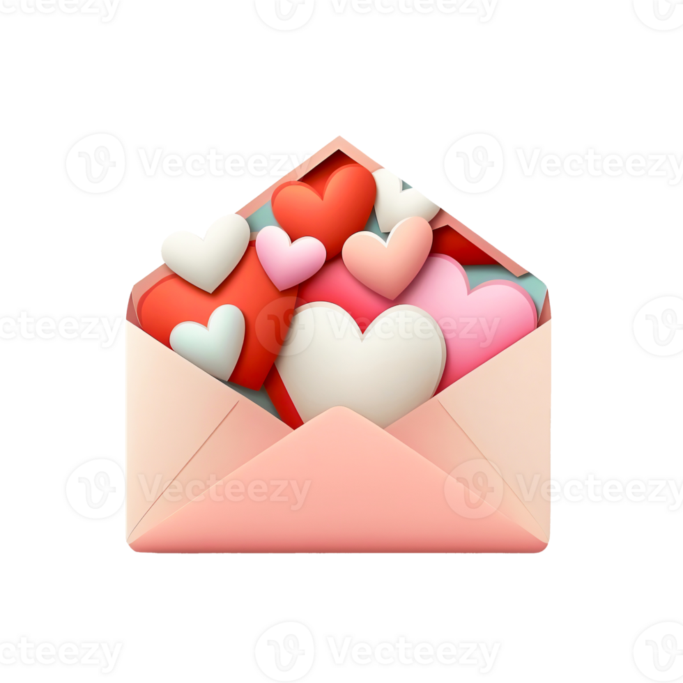 3D Render Colorful Paper Hearts Icon Inside Envelope. png