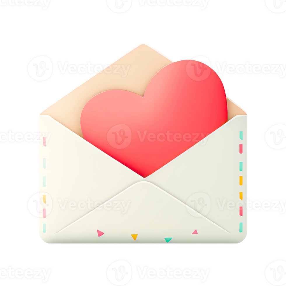 3D Render Of Soft Color Paper Heart Icon Inside Envelope. png