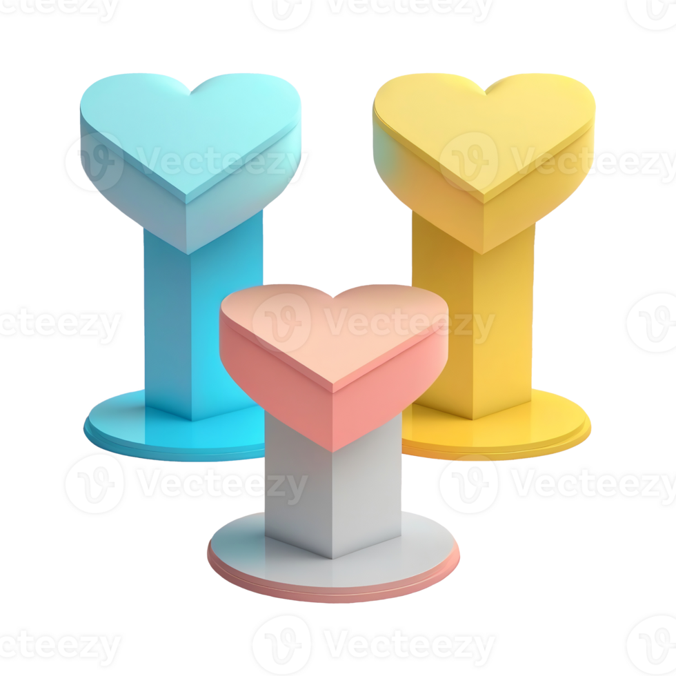 3D Render Of Three Heart Shape Podium Icon In Yellow, Pink And Blue Color. png