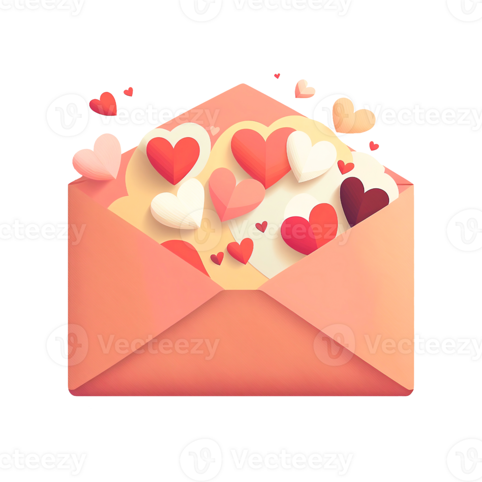 3D Render Of Flying Soft Color Paper Hearts From Envelope. png