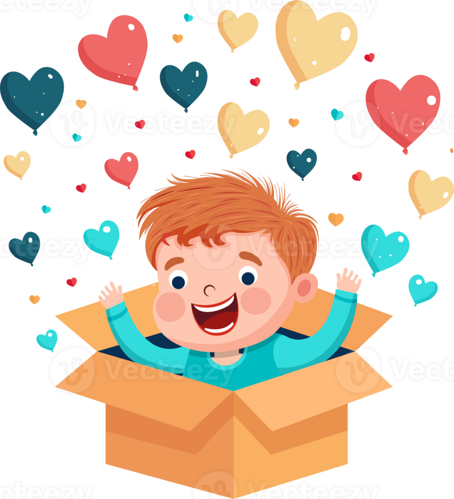 Excited Cute Boy With Heart Balloons Coming Out From Inside Surprise Box Element. png