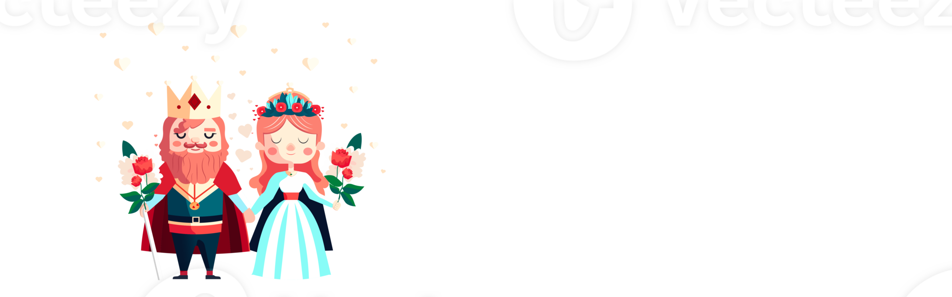 Cartoon Illustration Of King And Queen Holding Hands With Bouquet, Hearts And Copy Space. Valentine's Day Concept. png