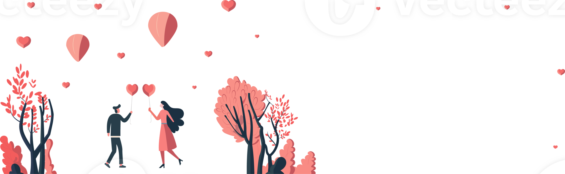 Cartoon Illustration of Young Couple Holding Heart Balloons And Nature View. Valentine's Day Concept. png