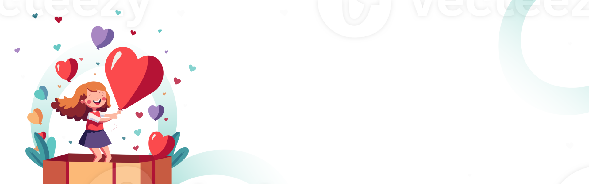 Cheerful Cute Girl With Heart Shape Balloons Coming Out of Surprise Box And Copy Space. png