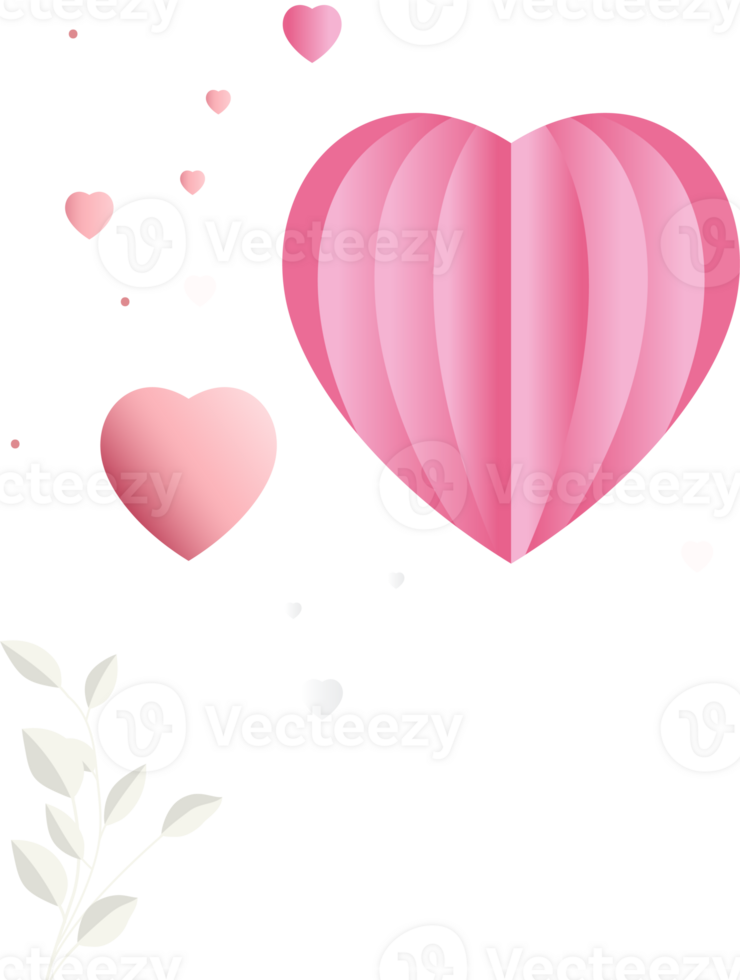 3D Render, Pastel Pink Paper Heart Shapes With Leaf Plant. Love Or Valentine Concept. png