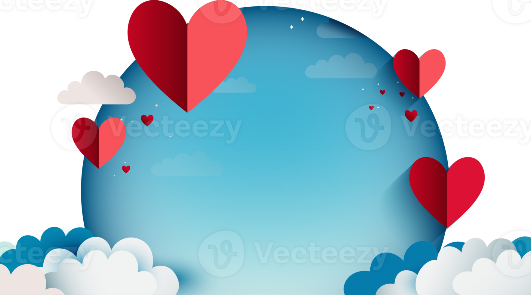 Red Paper Cut Hearts With Blue Round Shape, Clouds For Love Or Valentine Concept. png