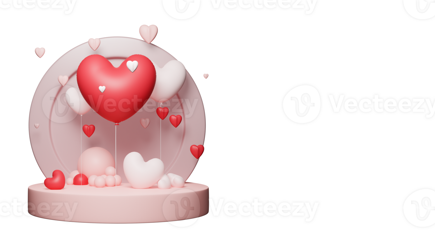 3D Render of Red And White Heart Shape Balloons Against Circular Podium And Copy Space. Love Concept. png