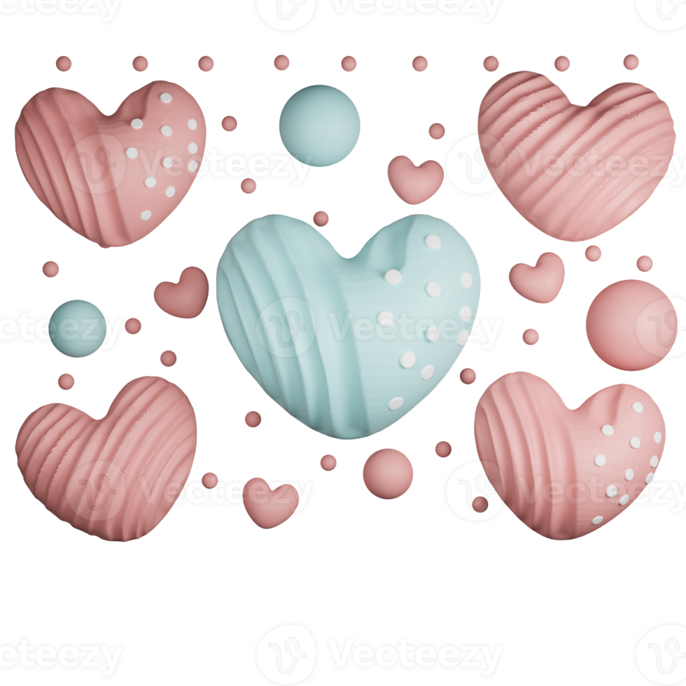 3D Render, Pastel Blue And Red Heart Shapes With Circles. Love Or Valentine Concept. png