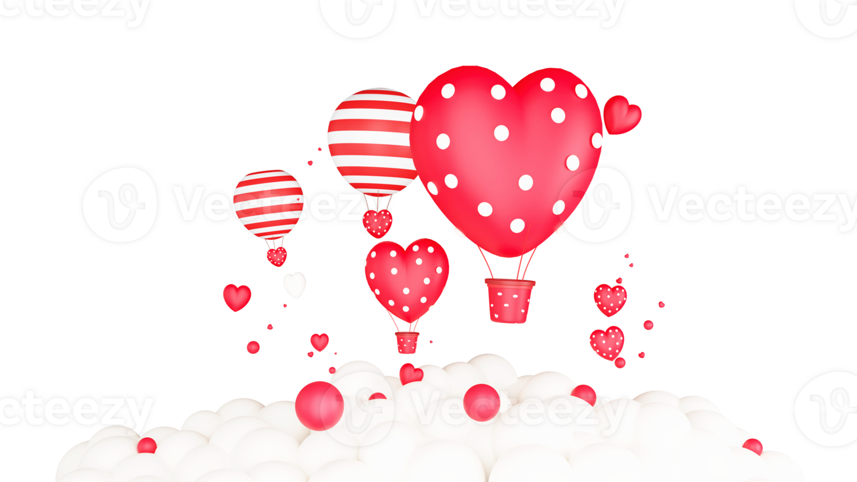 3D Render of Red And White Heart Shapes, Hot Air Balloons And Clouds On Peach Background With Space. Love or Valentine's Day Concept. png