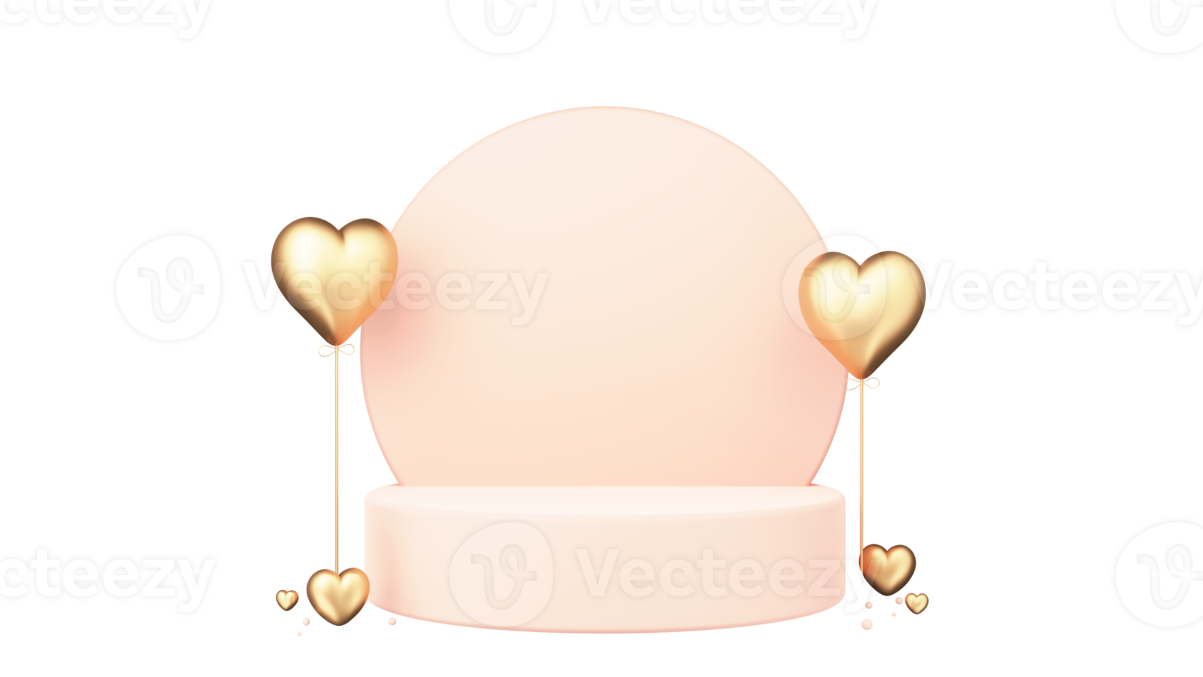 3D Render, Blank Circular Frame With Podium, Heart Balloons. Happy Valentine's Day Concept. png