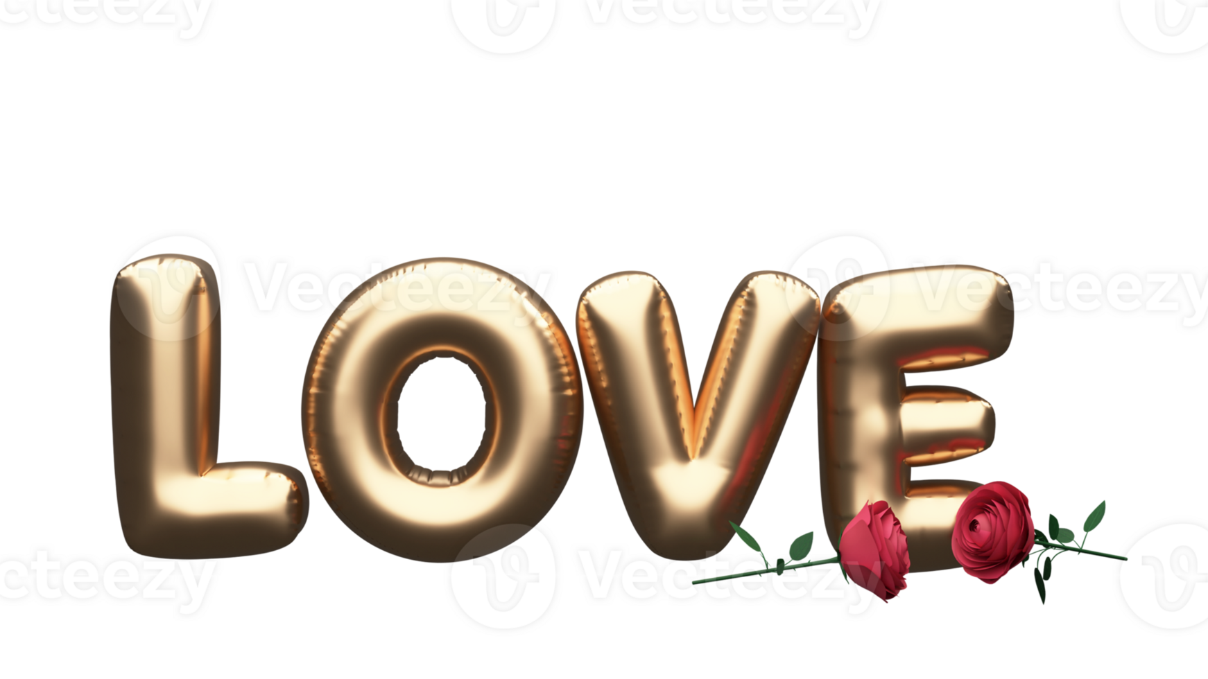 3D Render of Golden Foil Love Text With Paper Roses Elements. png