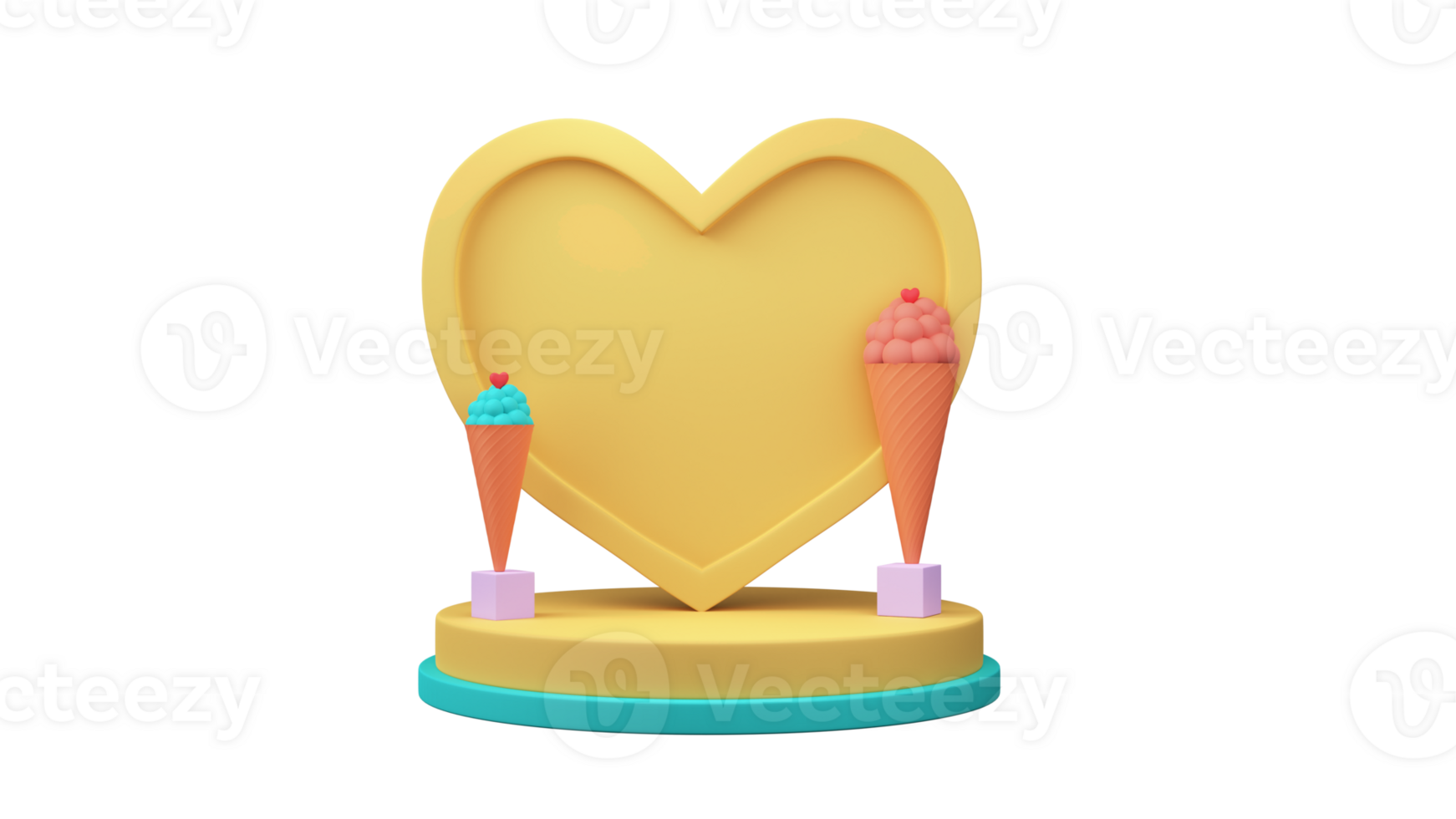 3D Render of Yellow Blank Heart Frame And Ice Cream Cones On Podium Element. png
