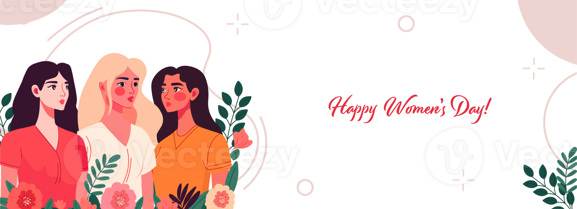 Happy Women's Day Banner Design With Fashionable Three Young Women Characters On Floral Decorated Background. png