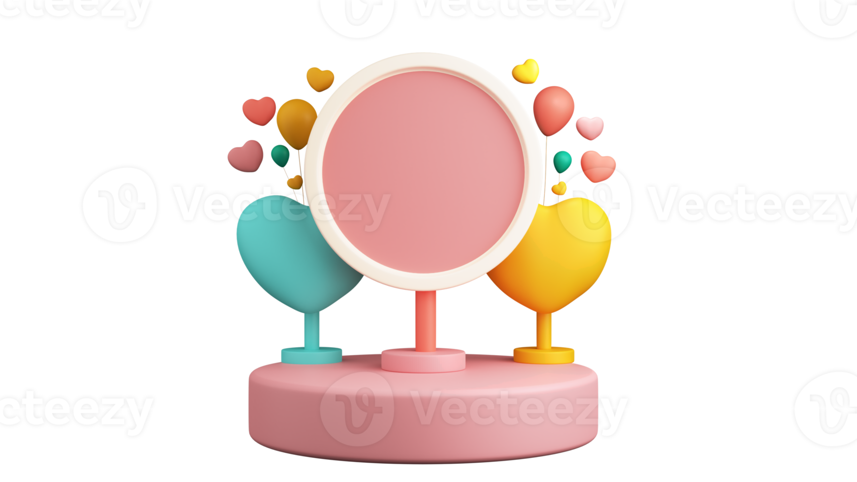 3D Render of Image Placeholder Circular Frame, Heart Shape Stands On Podium And Balloons Element. png