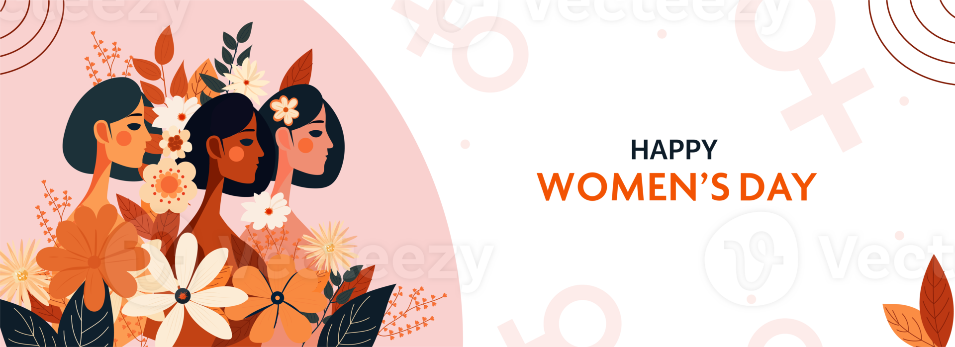 Happy Women's Day Banner Design With Three Young Women Characters Decorated By Florals On Venus Symbol Background. png