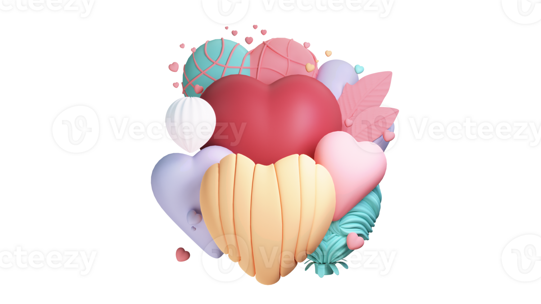 3D Render, Clay Modeling of Glossy Heart Shapes And Abstract Object. png