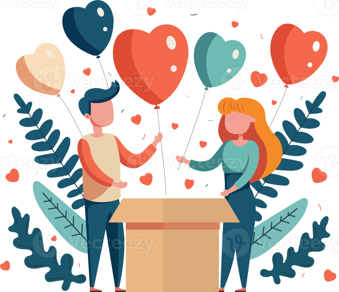 Vector Cartoon Young Couple Standing With Heart Balloons Coming Out Of Box, Leaves. png