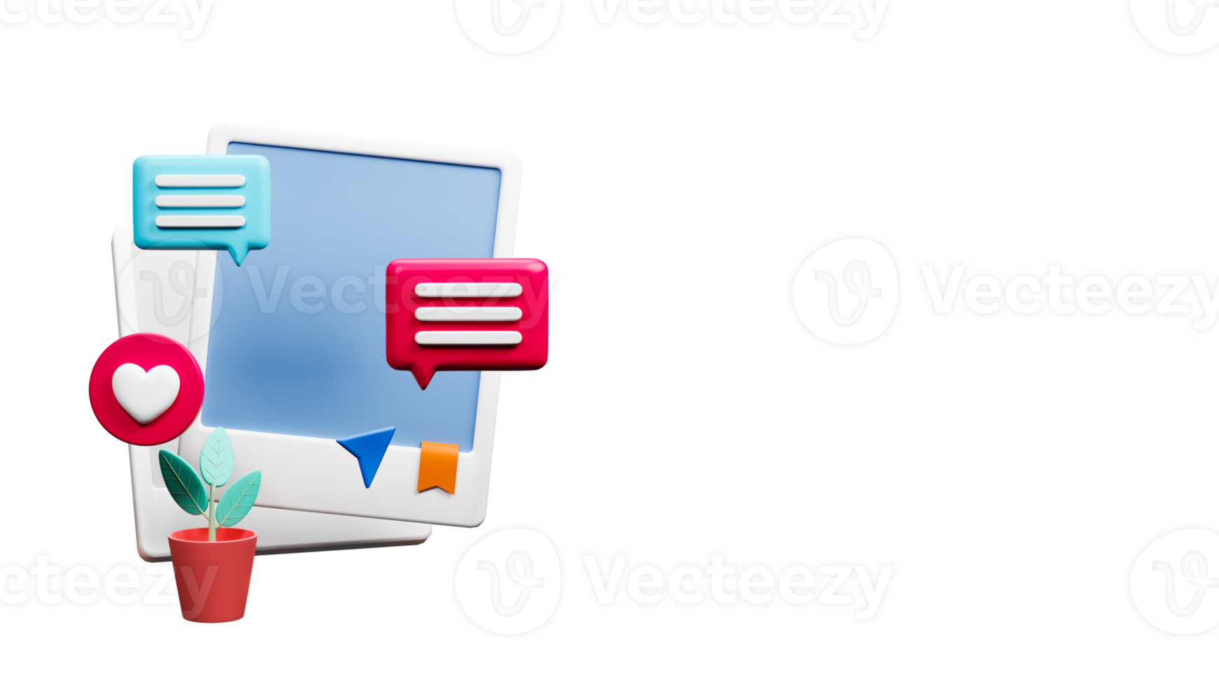 3D Render of Social Media Frame With Heart Sign, Comments And Plant Pot Icon. png